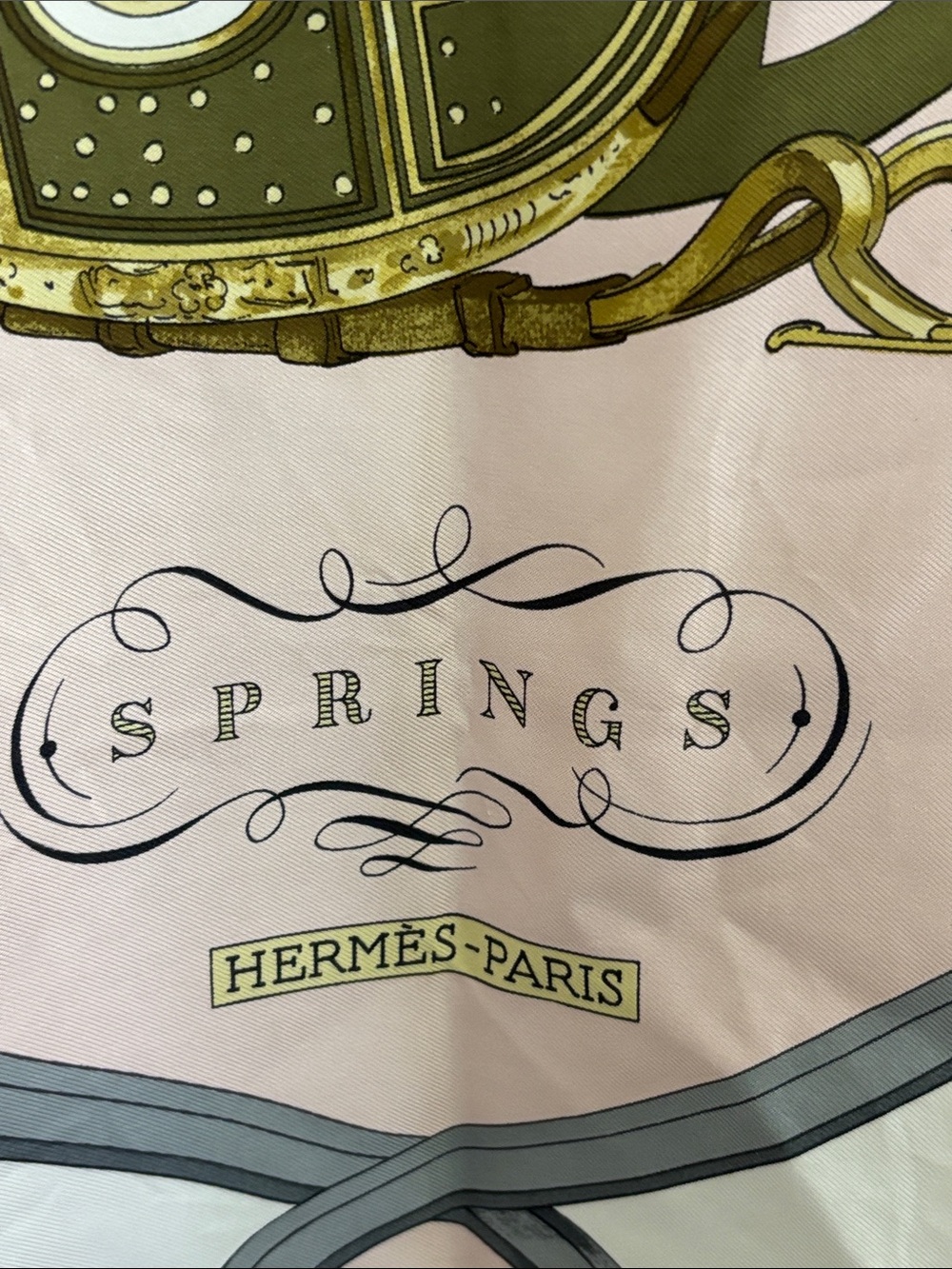 New Pink & Cream Hermes Silk Scarf with Gold Equestrian Carriage Motif - Picture 2 of 3
